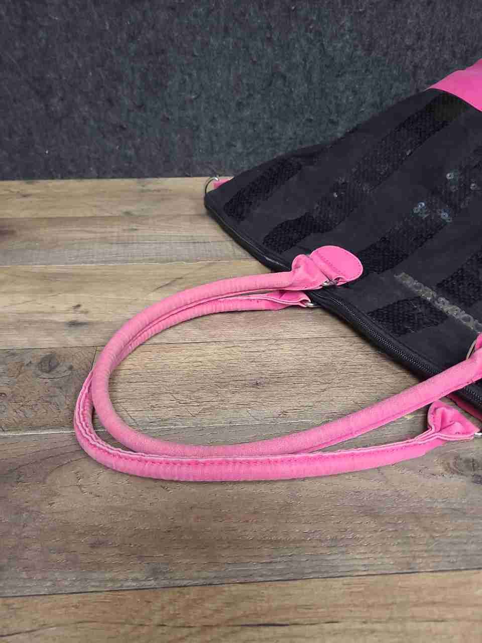 Victoria's Secret Sequin Canvas Tote Bags Striped Pouch Pink Black Lot of 3