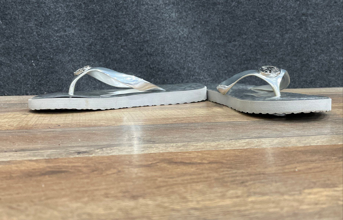 Michael Kors Silver MK Monogram Medallion Flip Flop Sandals Women's Size 6