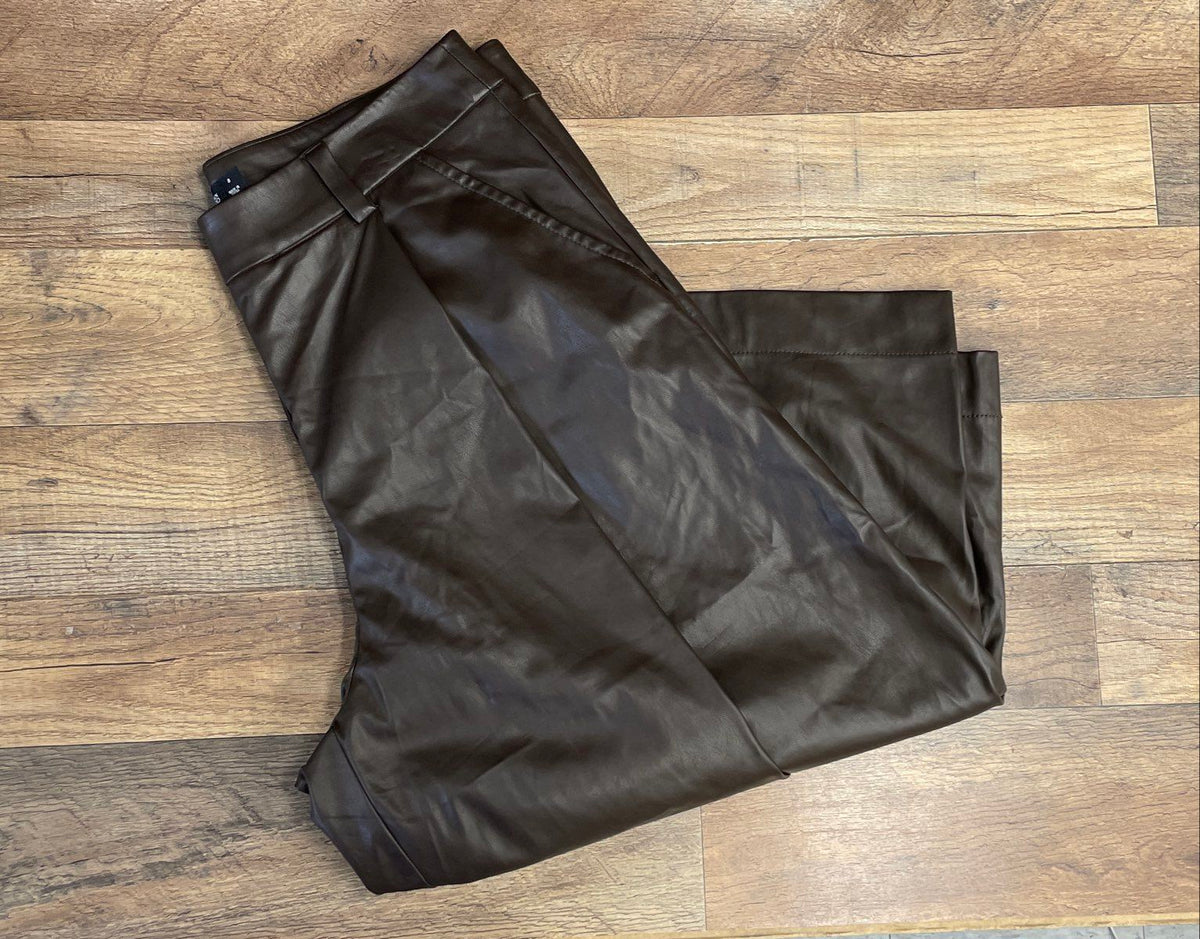 New York & Company 7th Avenue Women's Brown Vegan Leather Wide Leg Crop Pants 8