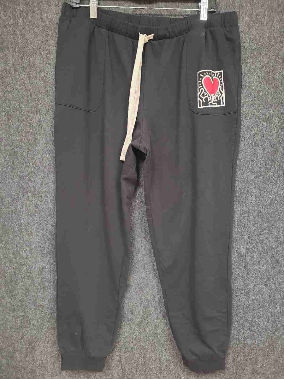 Keith Haring Women's Black PJ Set Heart Pop Art Mismatched Sz S Top XL Bottom