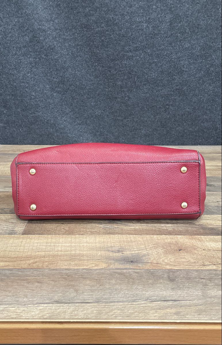 Red Pebbled Leather Bamboo Handle Satchel Bag Gold Tone Hardware