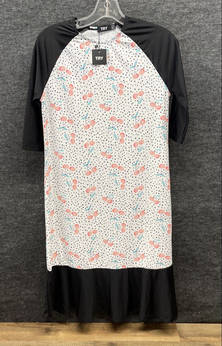 TRY Women's Fruit Print Cover Up Dress White Black Ruffled Cherry NWT Sz 18