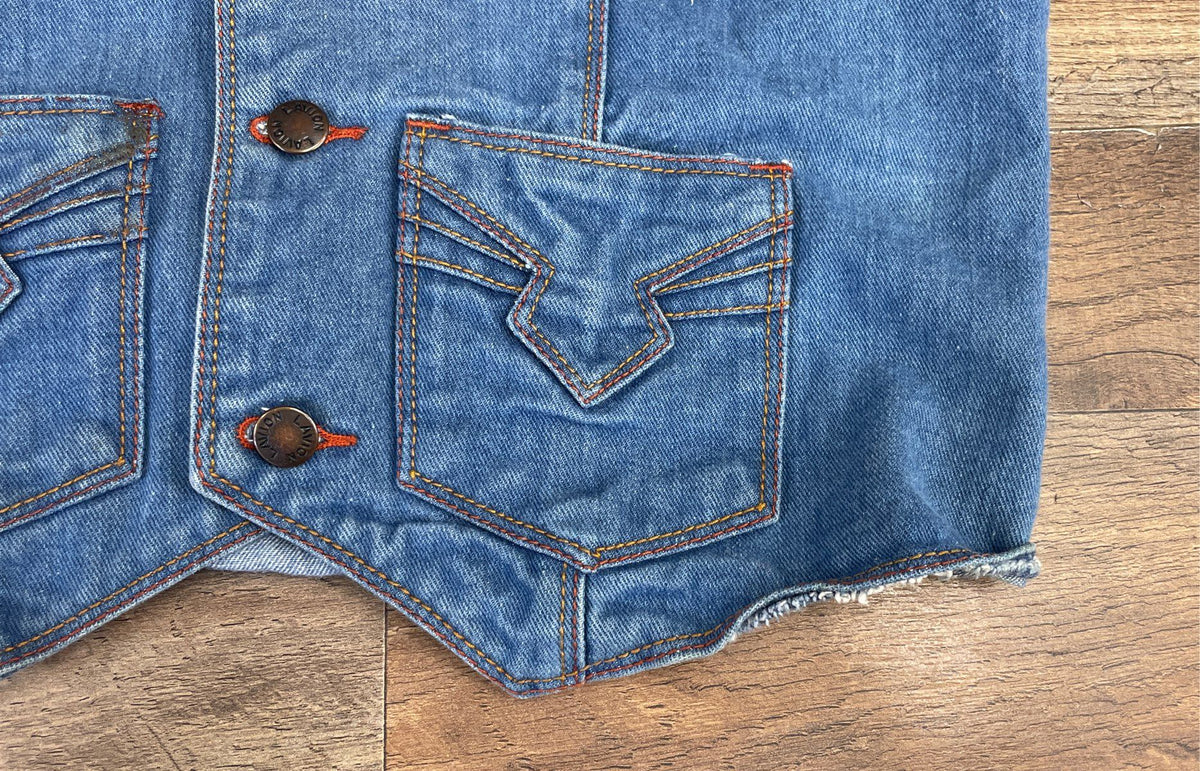L'Avion Men's Vintage 90s Denim Vest Blue Cotton Frayed Hem Sz XL
