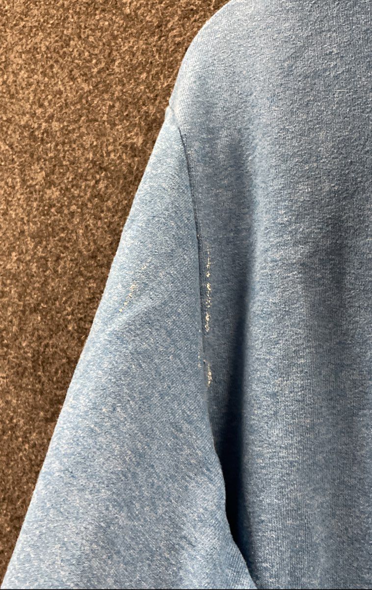 The North Face Men's Heathered Blue Hoodie Graphic Logo Yellow Drawstring Sz L
