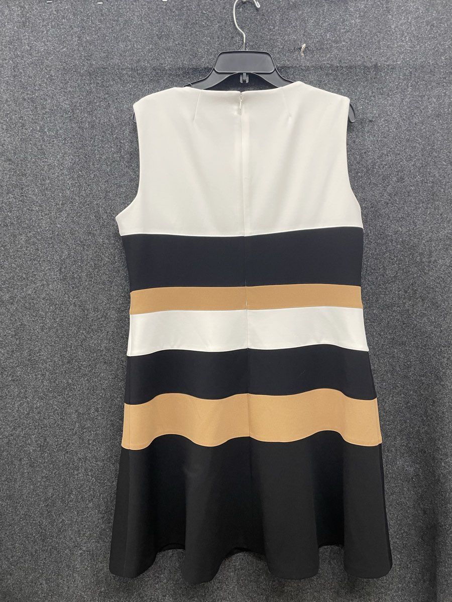 Andrew Marc Women's Dress Black White Tan Colorblock Striped Sleeveless Sz 16
