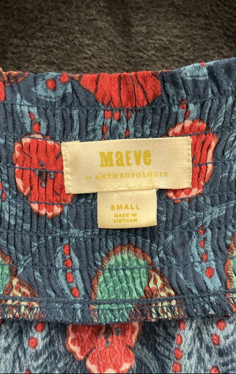 Maeve Anthropologie Women's Blue Floral Smocked Ruffle Sleeve Viscose Top Sz S