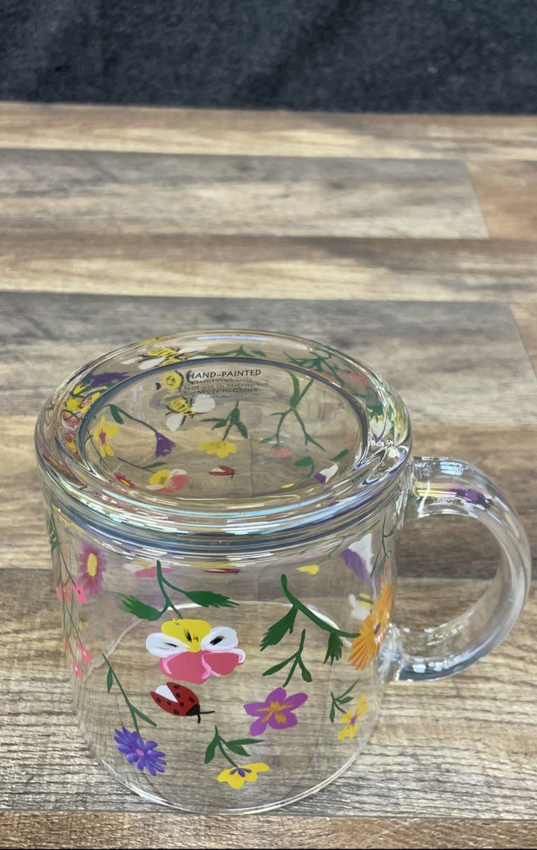 Hand Painted Glass Mug Wildflower Garden Ladybug Bee Floral Clear Coffee Cup