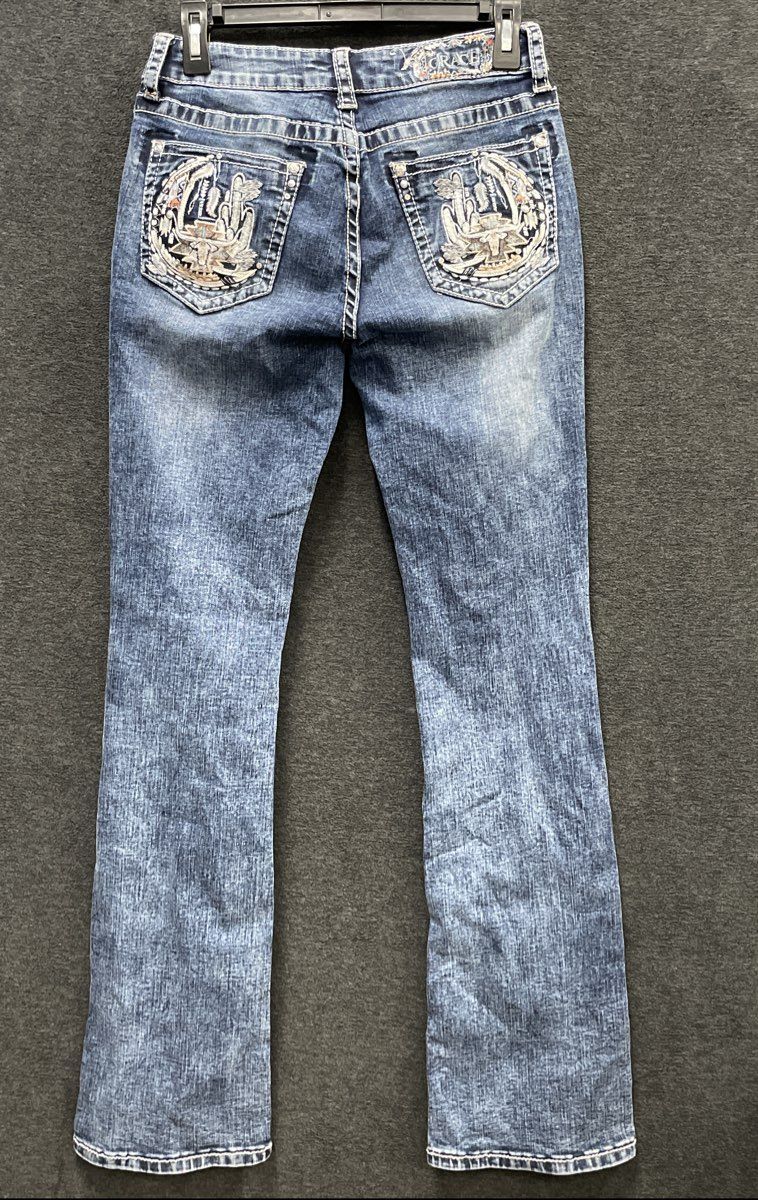 Grace in LA Women's Blue Distressed Cactus Steer Embroidery Easy Fit Jeans Sz 28
