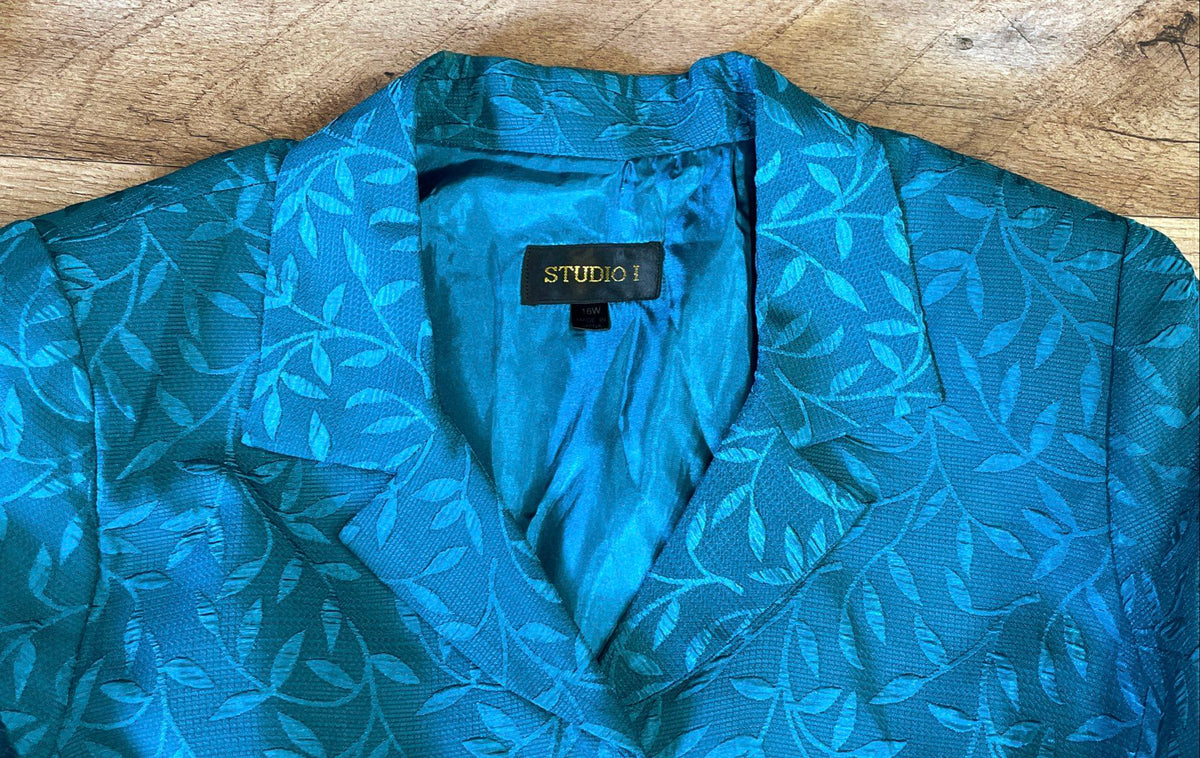 Studio I Women's Teal Leaf Jacquard 3/4 Sleeve Ruffle Cuff Blazer Sz 16W