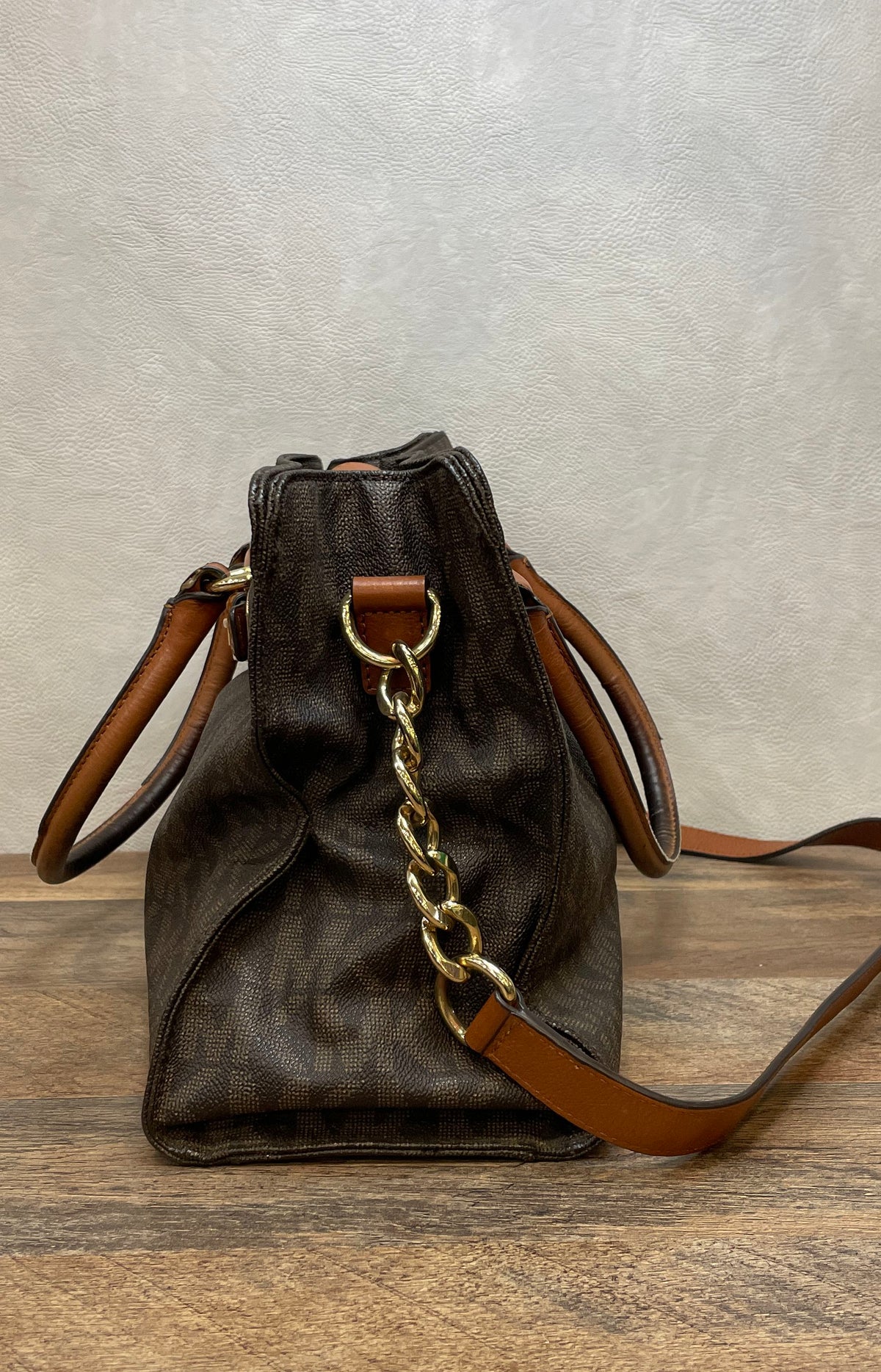 Michael Kors Brown Monogram Signature Satchel Tote Handbag Gold Hardware