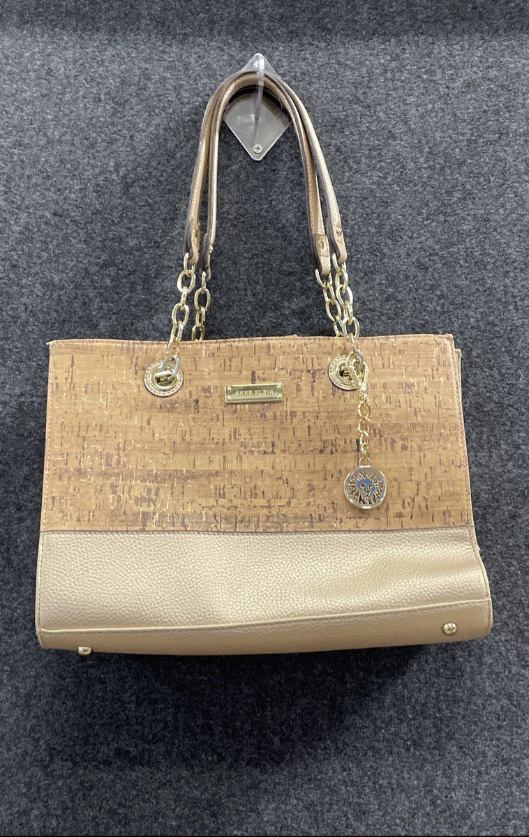 Anne Klein Brown Tan Cork Pebbled Tote Shoulder Bag Gold Tone Lion Charm