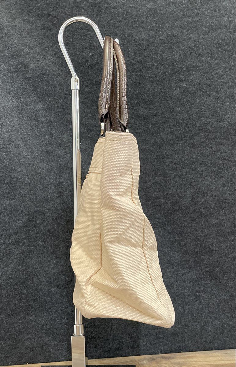 Croft & Barrow Cream Woven Fabric Tote Bag Brown Faux Croc Trim Large