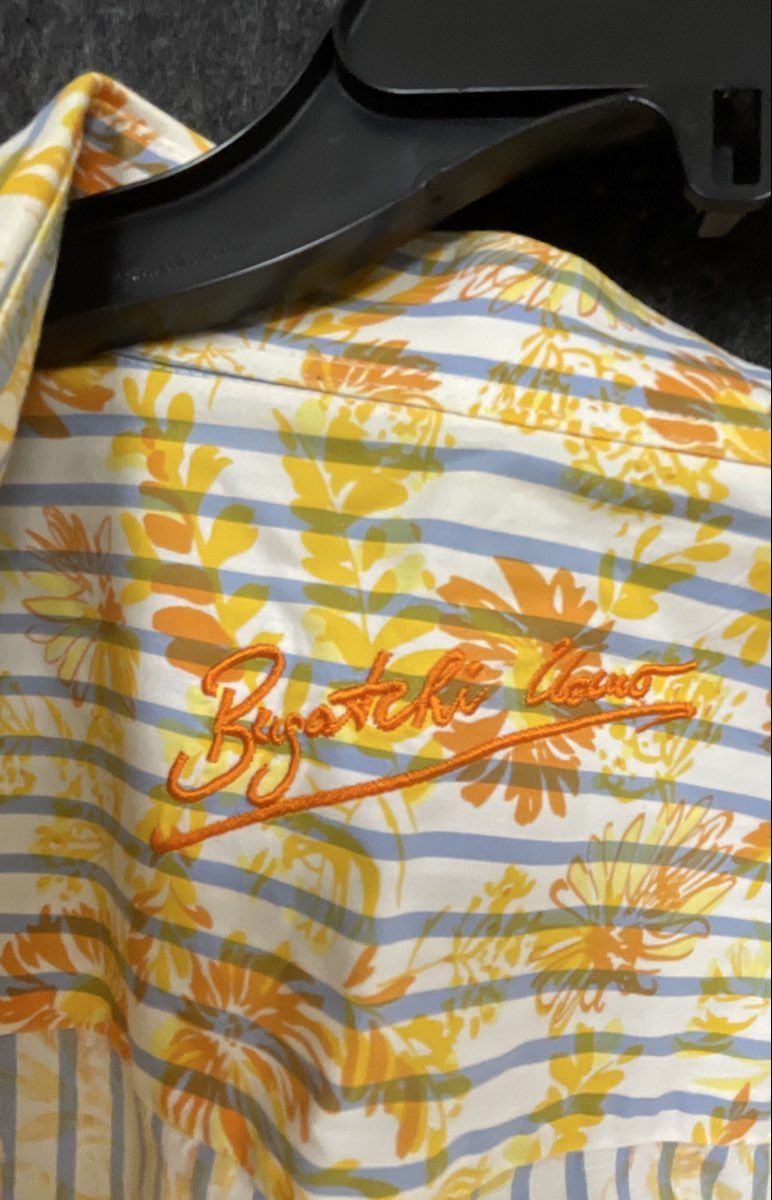 Bugatchi Uomo Men's Long Sleeve Button Down Shirt Yellow Orange Floral Stripe L