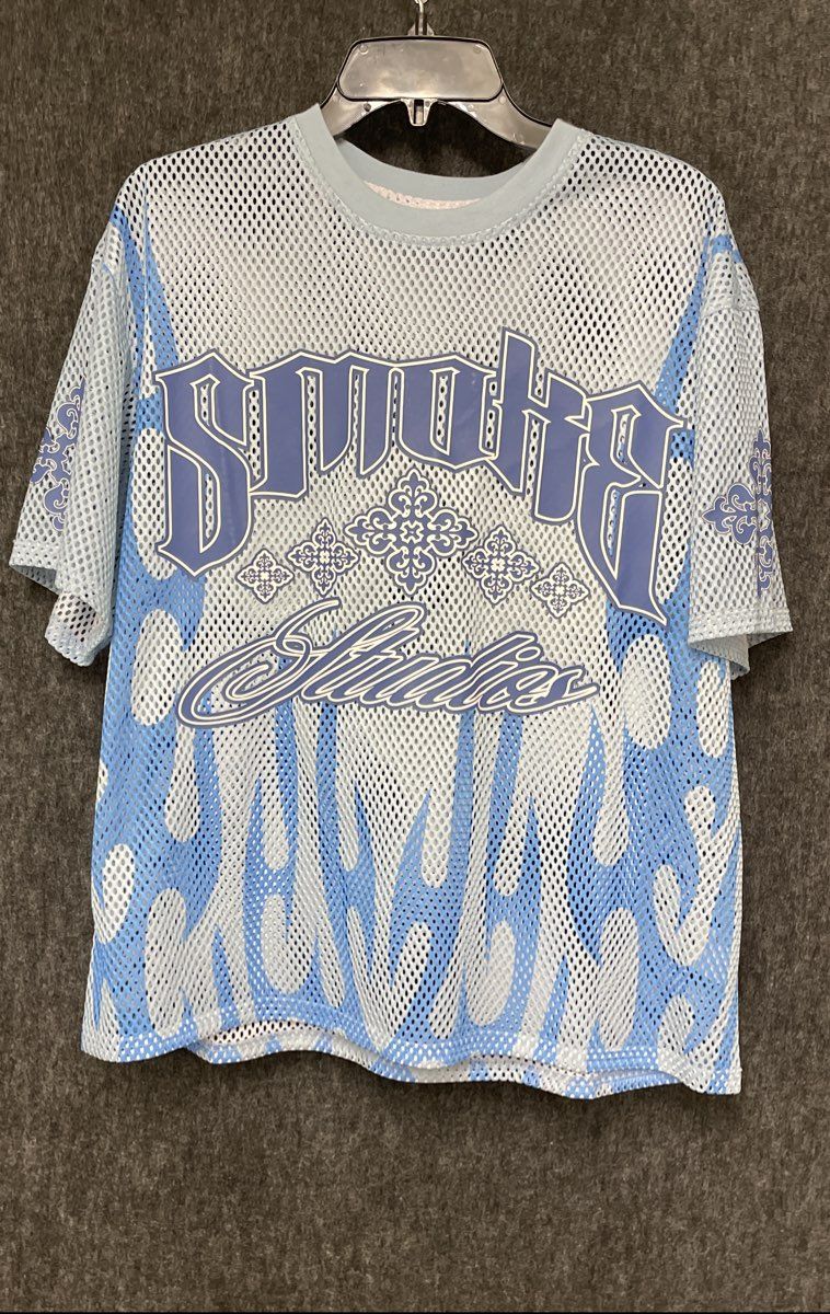 Smoke Rise Men's Mesh Jersey Elite Dynasty Top Blue Flame Graphic Sz M