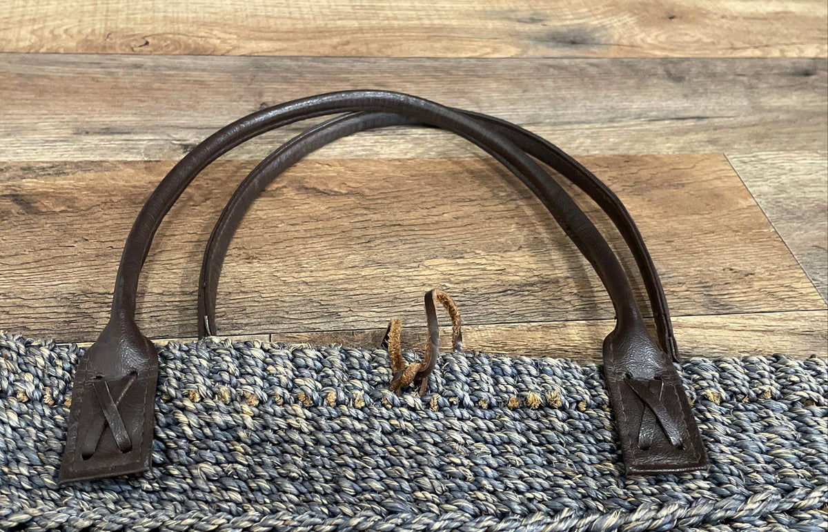 Vintage Large Blue Woven Straw Tote Bag Beach Shoulder Bag Leather Handles