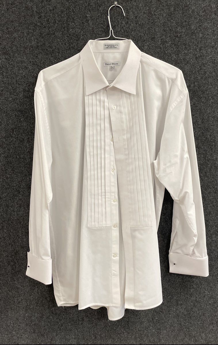 Daniel Ellissa Men's White Pleated Front Tuxedo Shirt French Cuffs 18.5 34-35