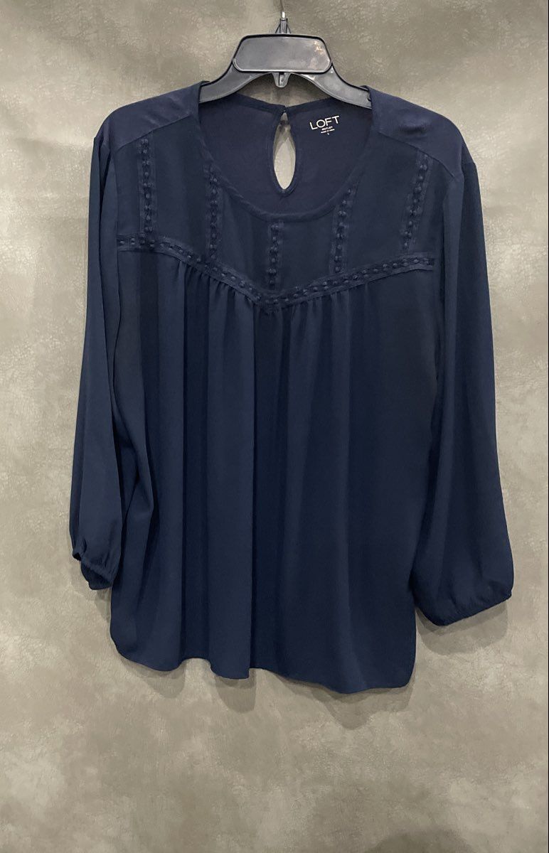 LOFT Outlet Women's Navy Blue Mixed Media Blouse Embroidered Trim Keyhole Sz L