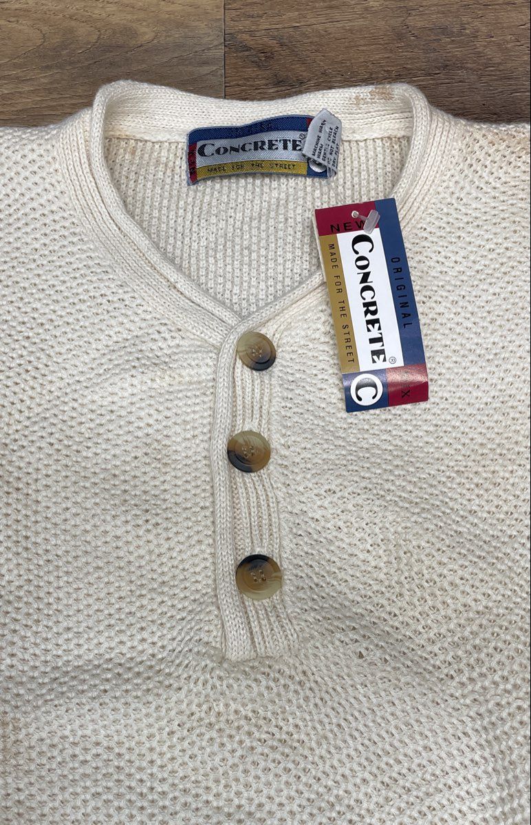 Vintage 90s Concrete Henley Waffle Knit Sweater Cream Streetwear NWT Sz L