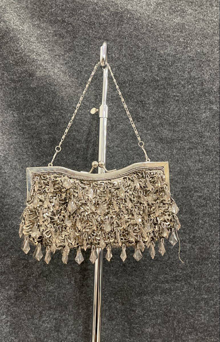 Silver Beaded Sequin Crystal Evening Bag Clutch Silver Tone Chain Strap