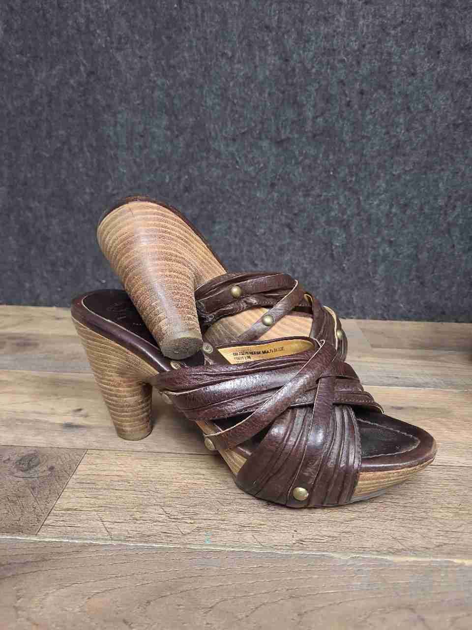 Frye Reese Multi Slide Dark Brown Leather Strappy Heeled Sandals Women's Size 8M