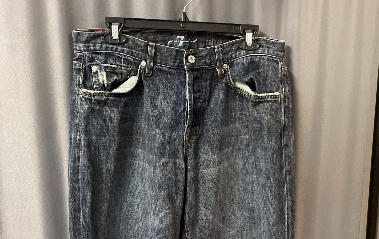 7 For All Mankind Men's Dark Blue Relaxed Fit Distressed Cotton Jeans Sz 33