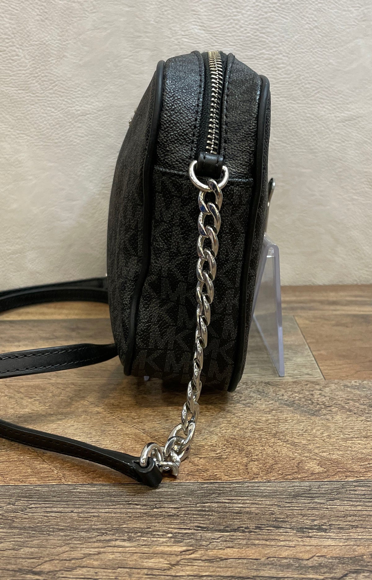 Michael Kors Black Monogram Coated Canvas Crossbody Camera Bag Silver Hardware