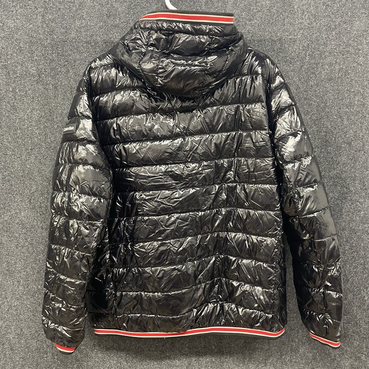 Calvin Klein Men's Black Shiny Puffer Jacket Hooded Water Resistant Sz L