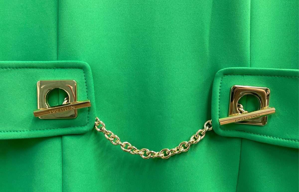 Halston Women's Green Sleeveless Sheath Dress Gold Chain Link Waist Sz 6 NWT