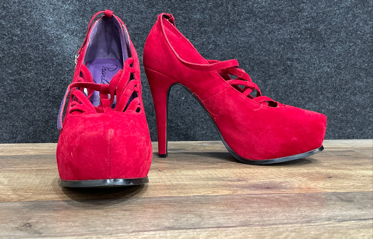 Privilege Red Faux Suede Platform Strappy Cage Stiletto Heels Women's Size 8.5