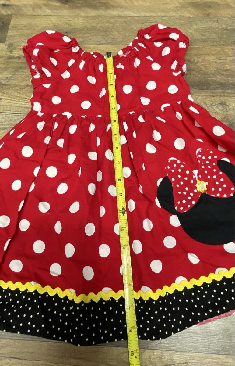 Girls Minnie Mouse Red Polka Dot Dress & Blue Floral Ric Rac Trim Dress Lot
