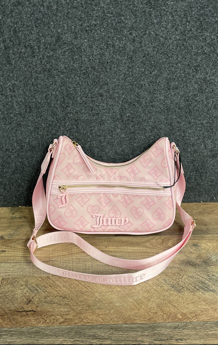 Juicy Couture Pink Monogram Heart Nylon Crossbody Shoulder Bag Gold Hardware