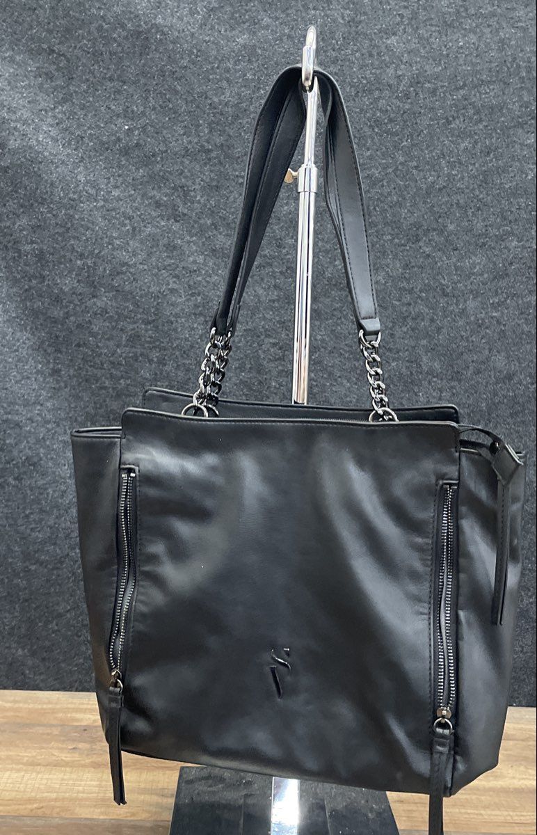 Simply Vera Vera Wang Black Vegan Leather Tote Shoulder Bag Chain Handles Large