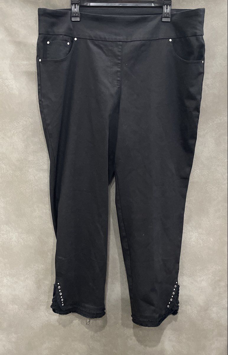 Ruby Rd. Woman Black Monochrome Moment Studded Fringe Pull-On Pants NWT Sz 18