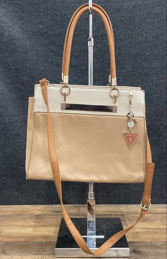 Guess Tan Beige Cream Colorblock Satchel Tote Bag Crossbody Strap Logo Charm