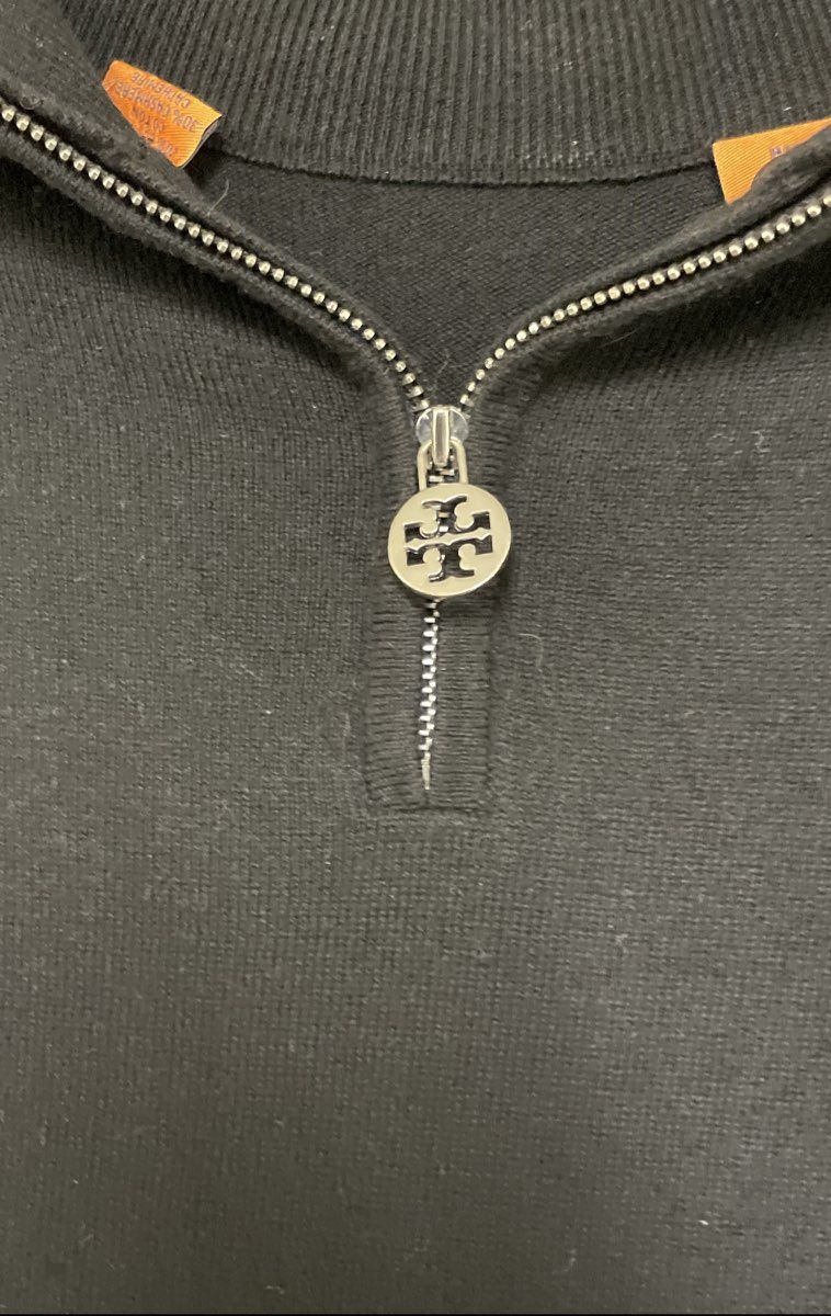Tory Burch Women's Black Cotton Cashmere 1/4 Zip Mock Neck Sweater Sz L