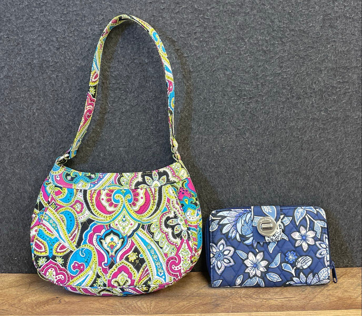 Vera Bradley Paisley Quilted Shoulder Bag and Blue Floral Wallet Lot of 2