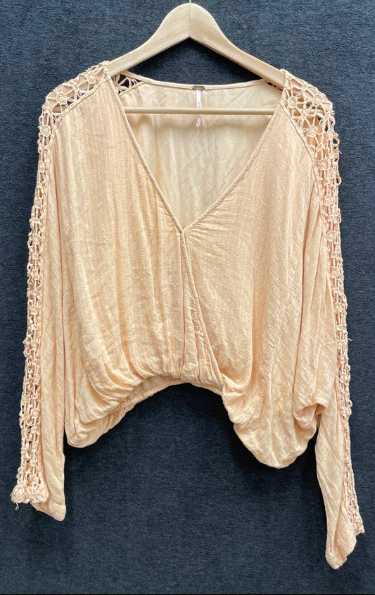 Free People Women's Peach Crochet Lace Sleeve V-Neck Cropped Blouse Top Size S
