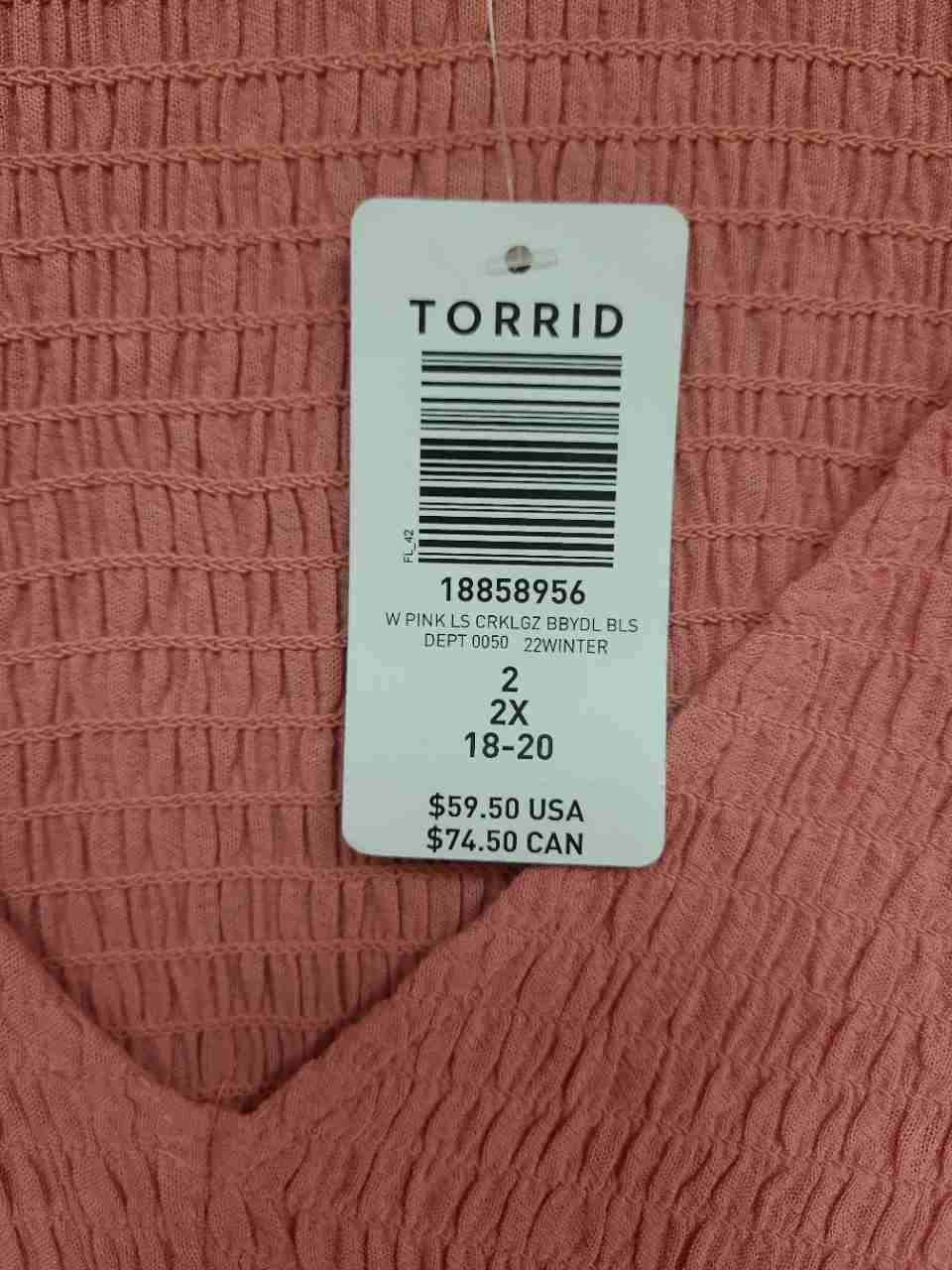 Torrid Women's Pink Long Sleeve Crinkle Babydoll Blouse Size 2X NWT