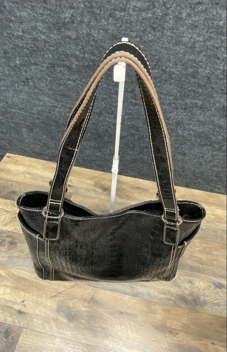 Sag Harbor Black Croc Embossed Faux Leather Tote Shoulder Bag Silver Hardware
