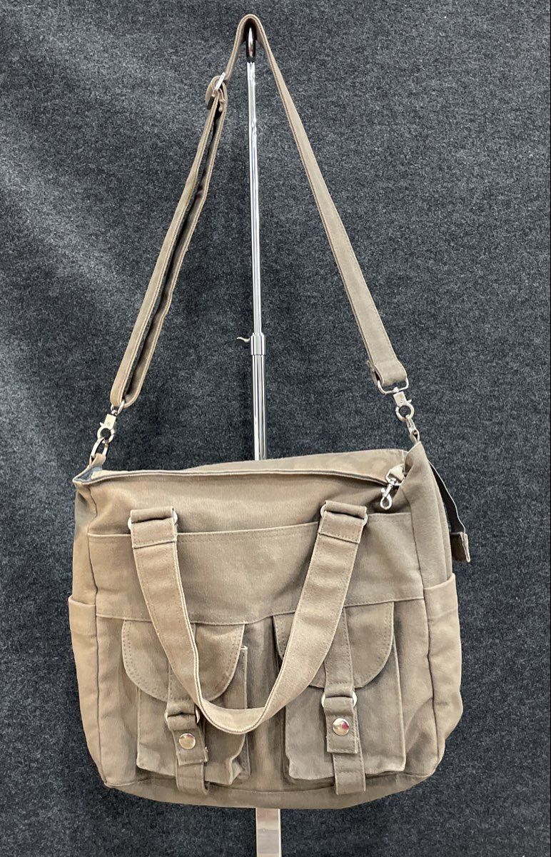 Luckycann Grey Canvas Multi-Pocket Tote Shoulder Bag Crossbody Large