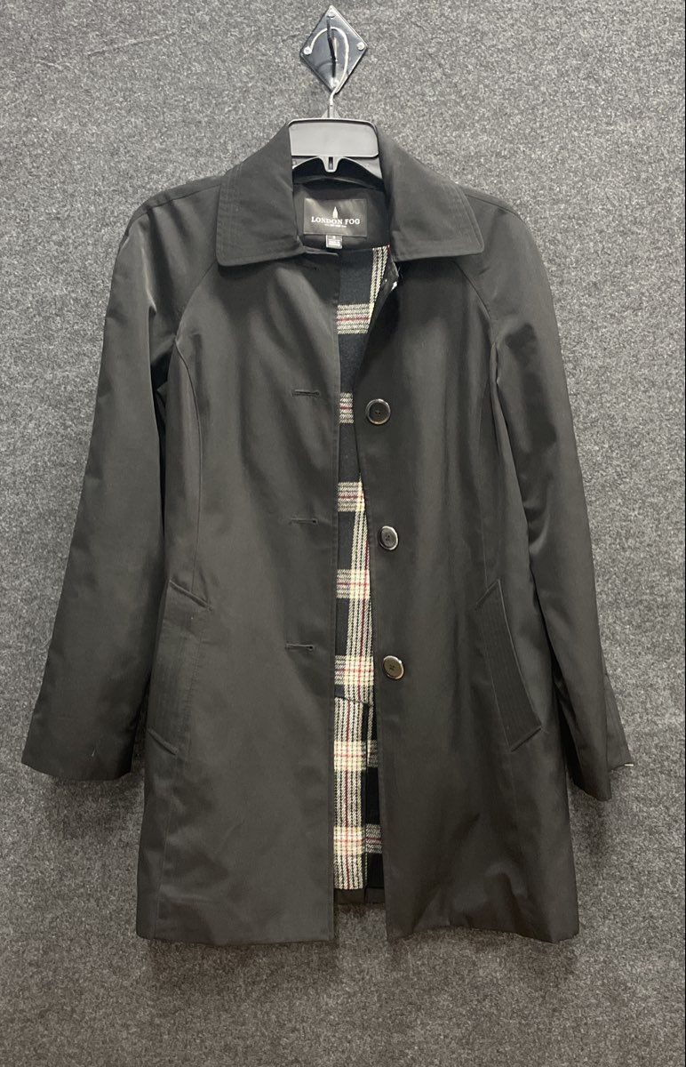London Fog Women's Black Trench Coat Plaid Lined Single Breasted Jacket Sz S