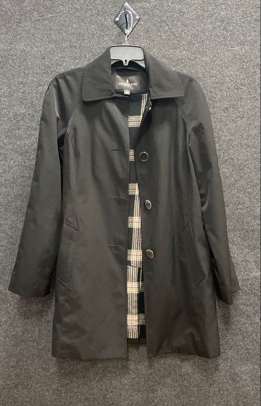 London Fog Women's Black Trench Coat Plaid Lined Single Breasted Jacket Sz S