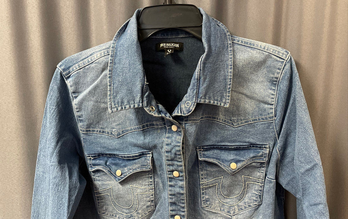 True Religion Women's Blue Western Pearl Snap Denim Shirt Jacket XL