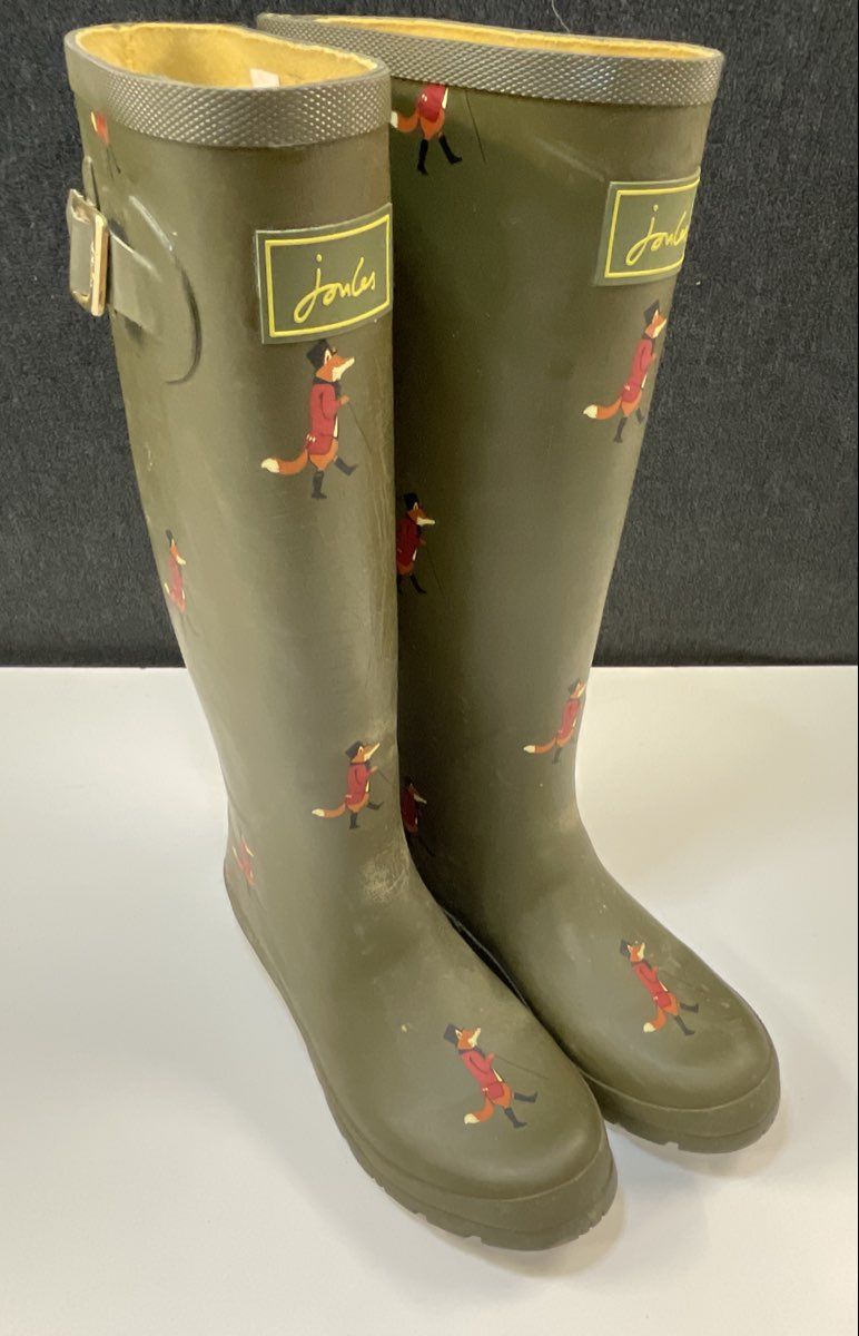 Joules Olive Green Mr Fox Print Tall Rubber Rain Boots Wellies Size 8