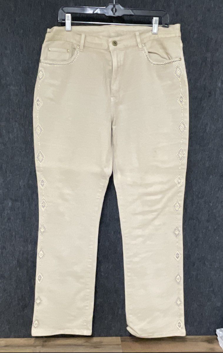 DG2 Diane Gilman Women's Beige Rhinestone Ramie Blend Jacket L Pants 14 Set