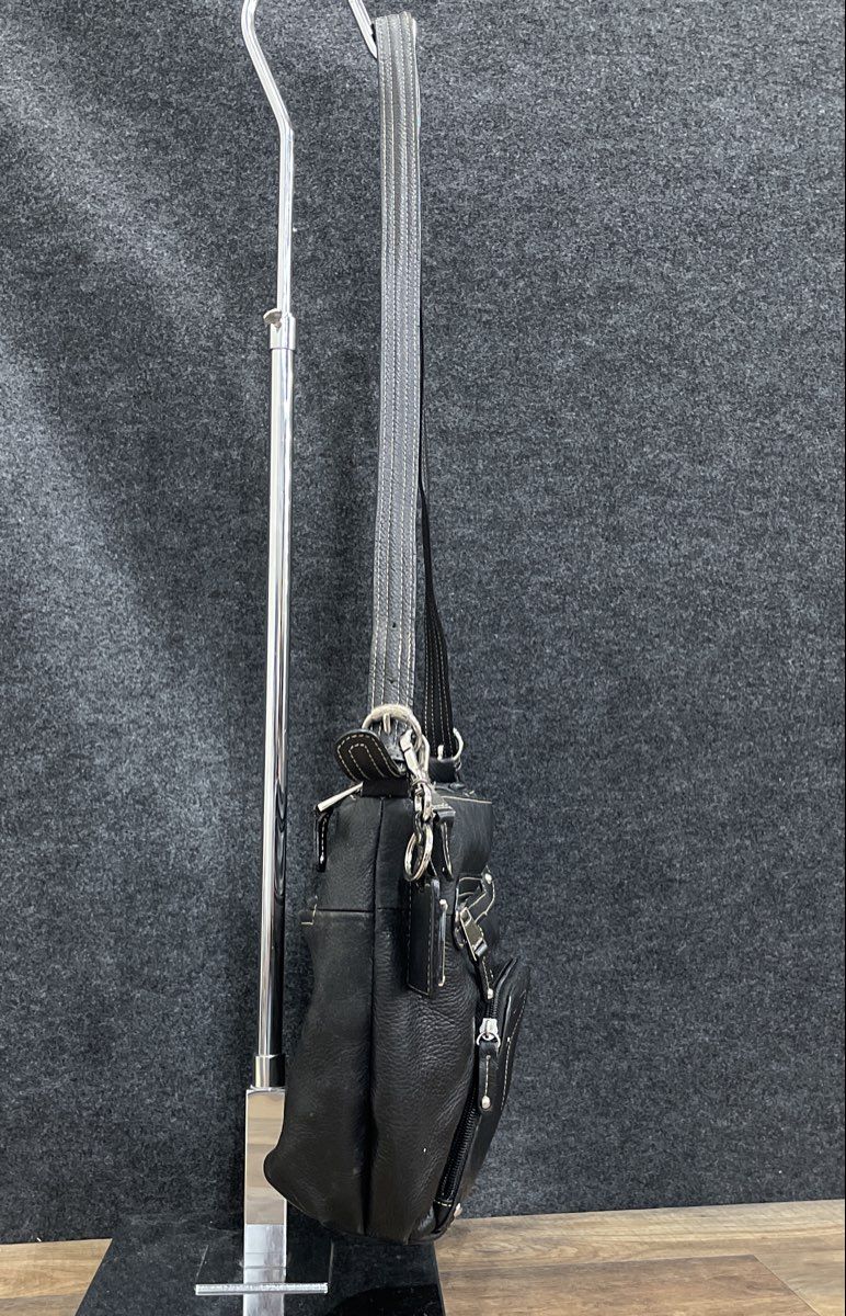 Tignanello Black Leather Multi Pocket Crossbody Shoulder Bag Silver Hardware