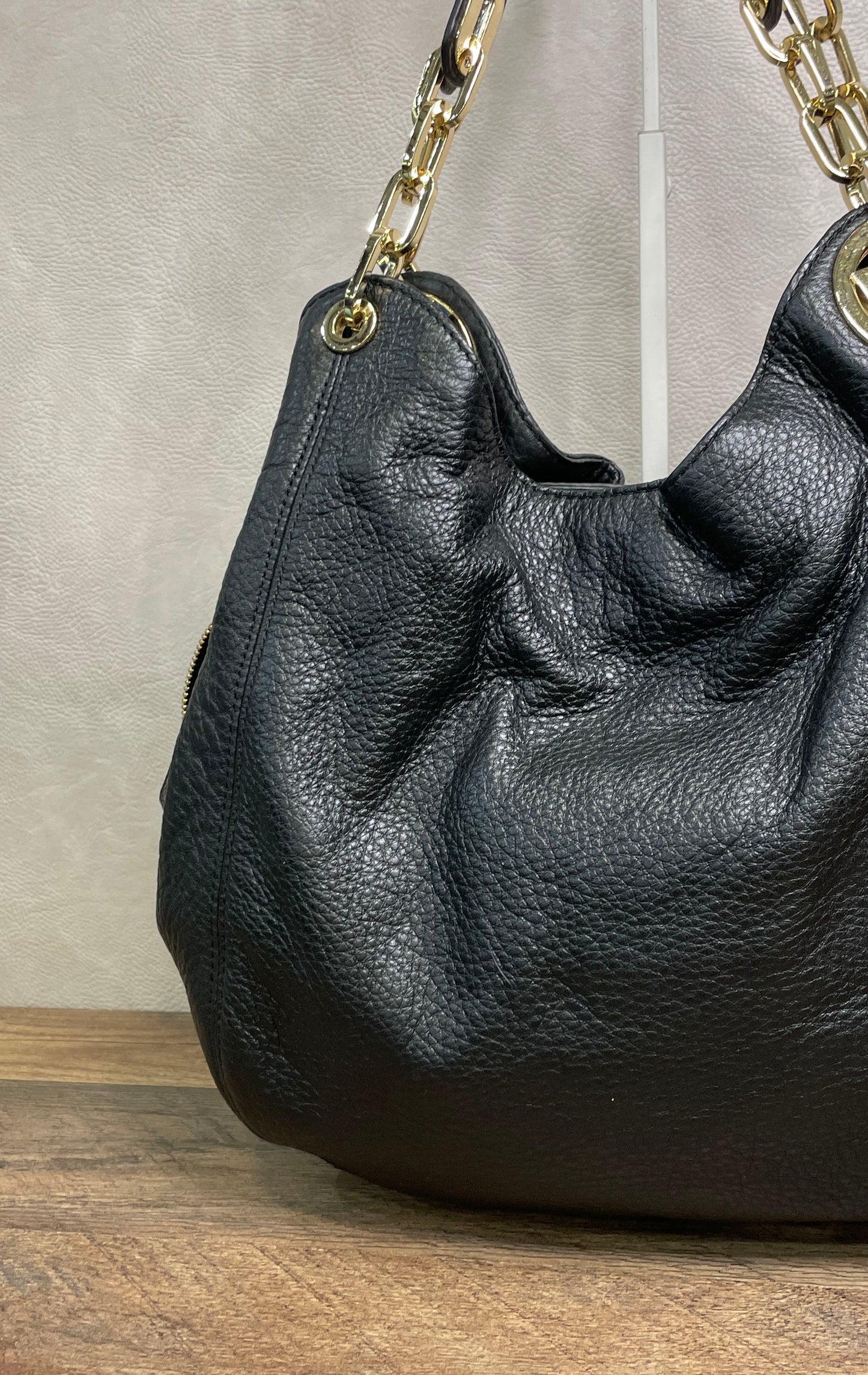 Michael Kors Black Pebbled Leather Fulton Large Hobo Bag Gold Hardware