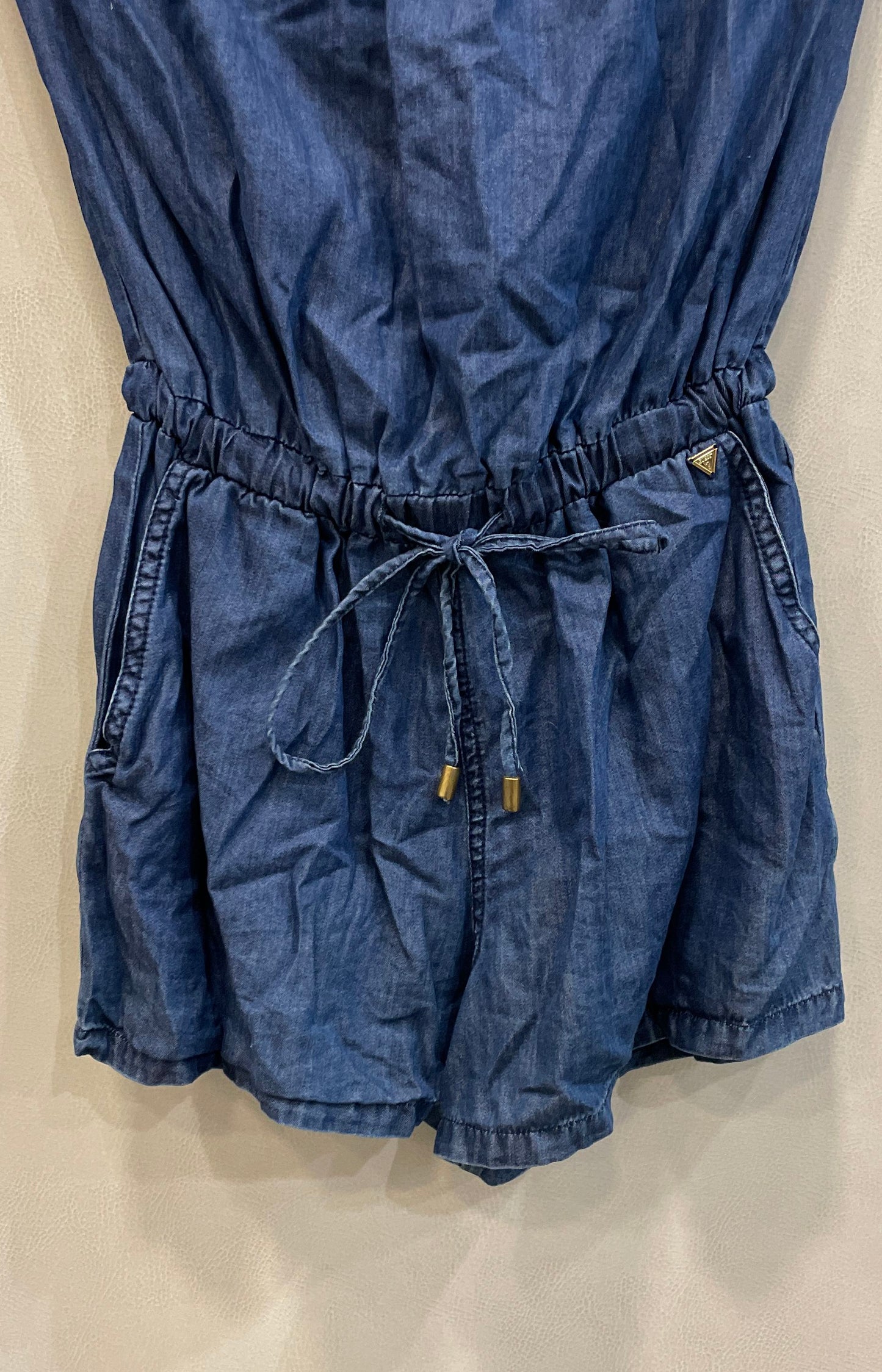 Guess Women's Blue Strapless Denim Romper Tencel Blend Elastic Waist Sz XS