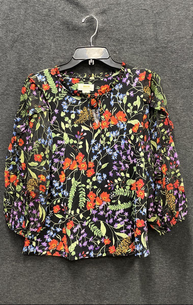 Maeve Anthropologie Women's Black Metallic Floral Ruffle Tie Neck Blouse Sz XS