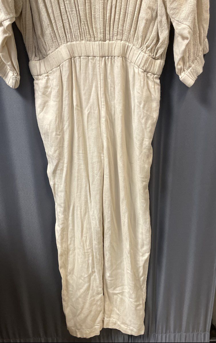 Free People Women's Skyline Jumpsuit Beige Linen Blend Puff Sleeve Pleated Sz XS